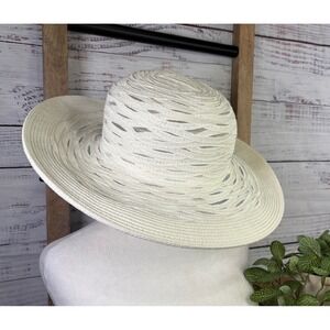 Nine West Women's Wide Brim Sun Hat  White Open Weave Lattice Derby, Beach